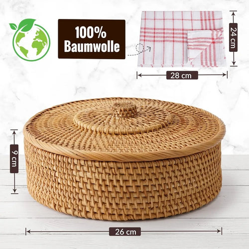 10-Inch Handcrafted Rattan Tortilla Warmer Basket with Cotton Towel