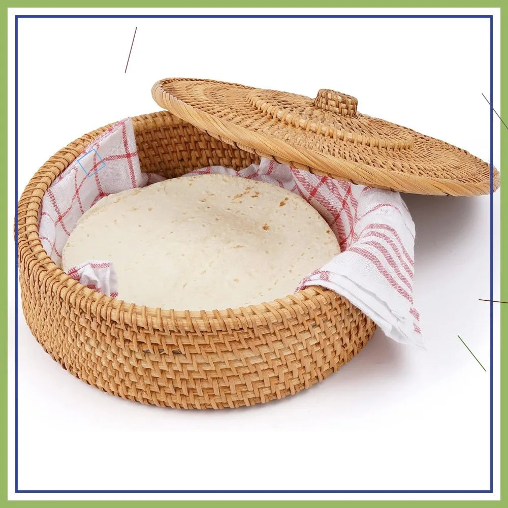 10-Inch Handcrafted Rattan Tortilla Warmer Basket with Cotton Towel